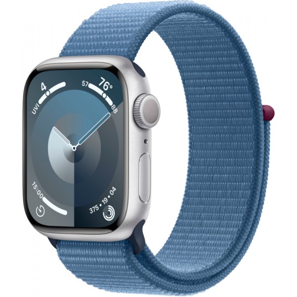 Apple Watch Series 9 45 мм корпус из алюминия (серебристого) цвета спортивный ремешок цвета (ледяной синий)