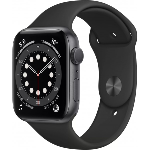 Apple Watch Series 6, 40 мм, корпус из алюминия цвета (серый космос), спортивный ремешок чёрного цвета