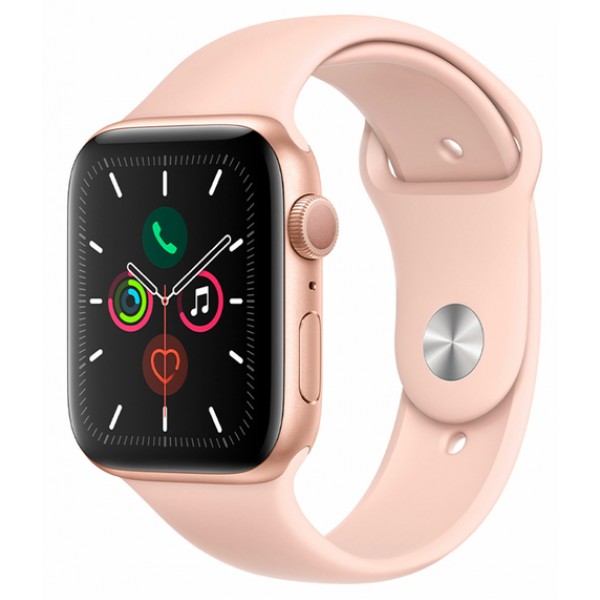 Apple Watch Series 5, 44 мм, корпус из алюминия золотого цвета, спортивный ремешок цвета (розовый песок)