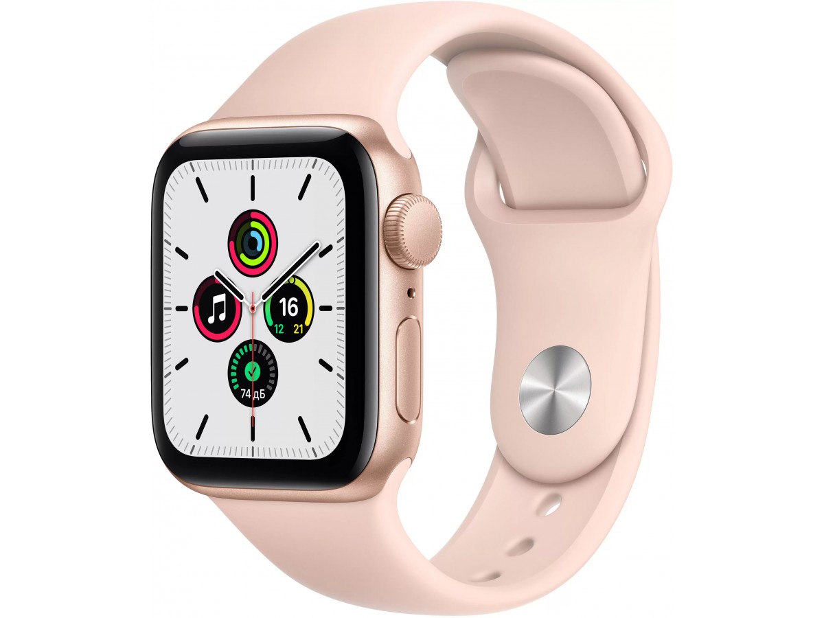 Apple Watch SE, 44 мм, корпус из алюминия золотого цвета, спортивный ремешок цвета (розовый песок) в Тюмени
