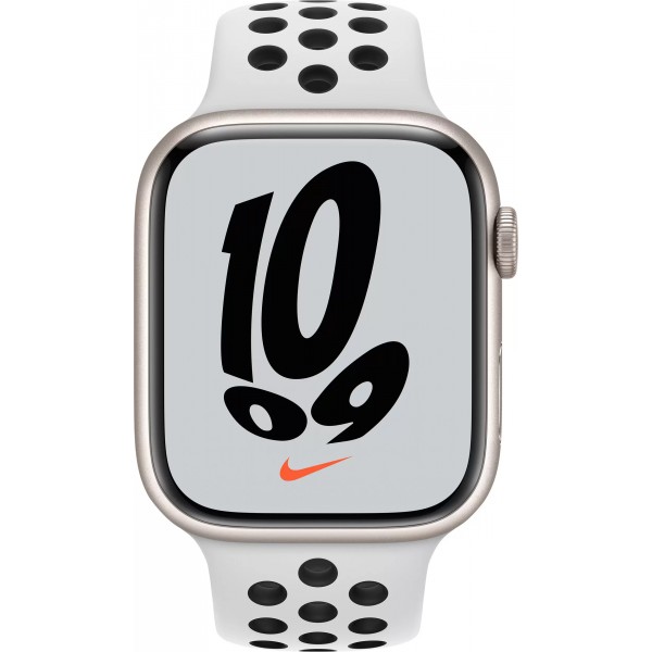 Apple Watch Nike Series 7, 45 мм, корпус из алюминия цвета (сияющая звезда), спортивный ремешок Nike цвета (чистая платина/чёрный)