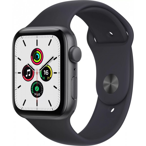 Apple Watch SE, 44 мм, корпус из алюминия цвета (серый космос), спортивный ремешок цвета (тёмная ночь)