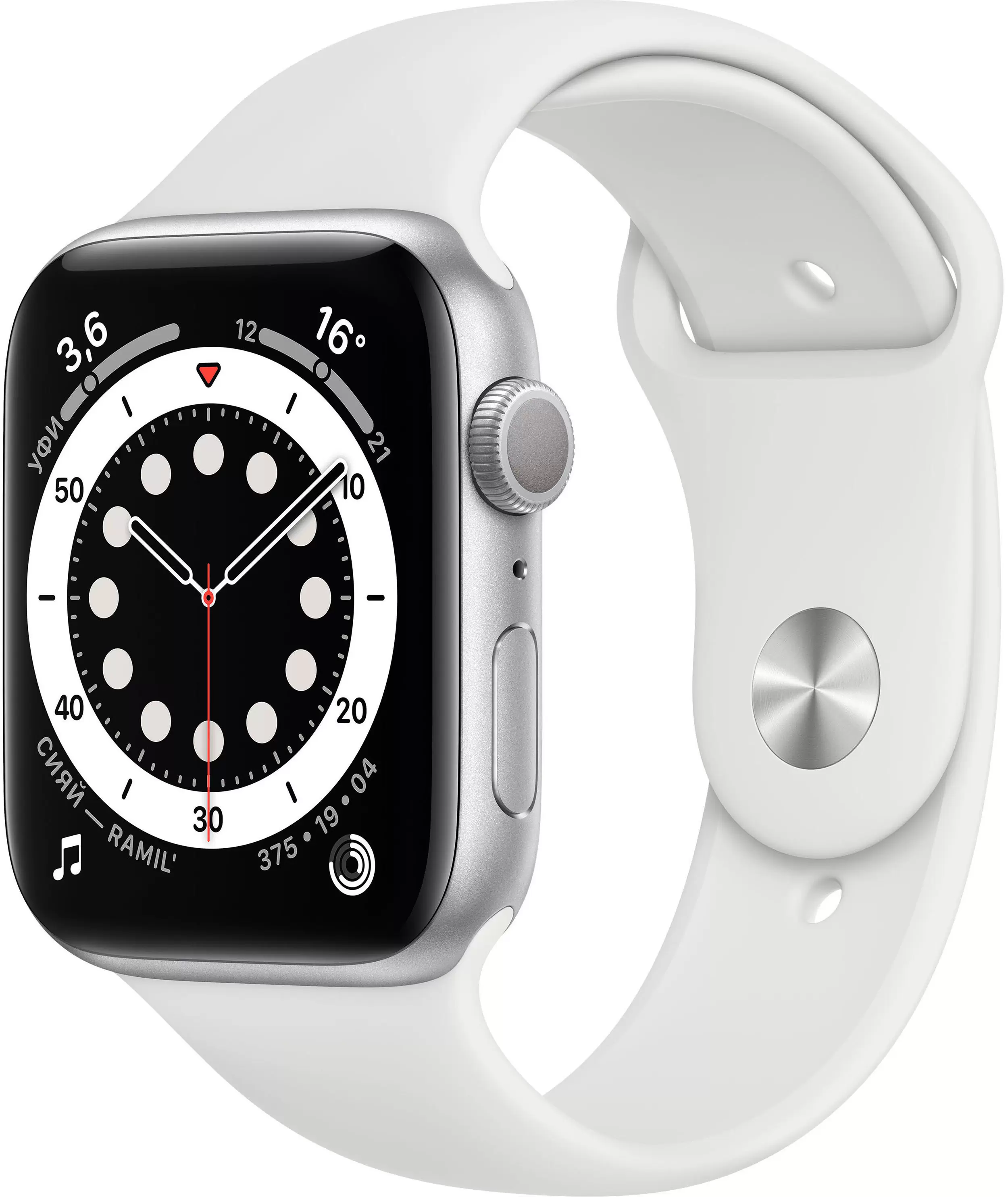 Apple Watch Series 6, 44 мм, корпус из алюминия серебристого цвета, спортивный ремешок белого цвета в Тюмени