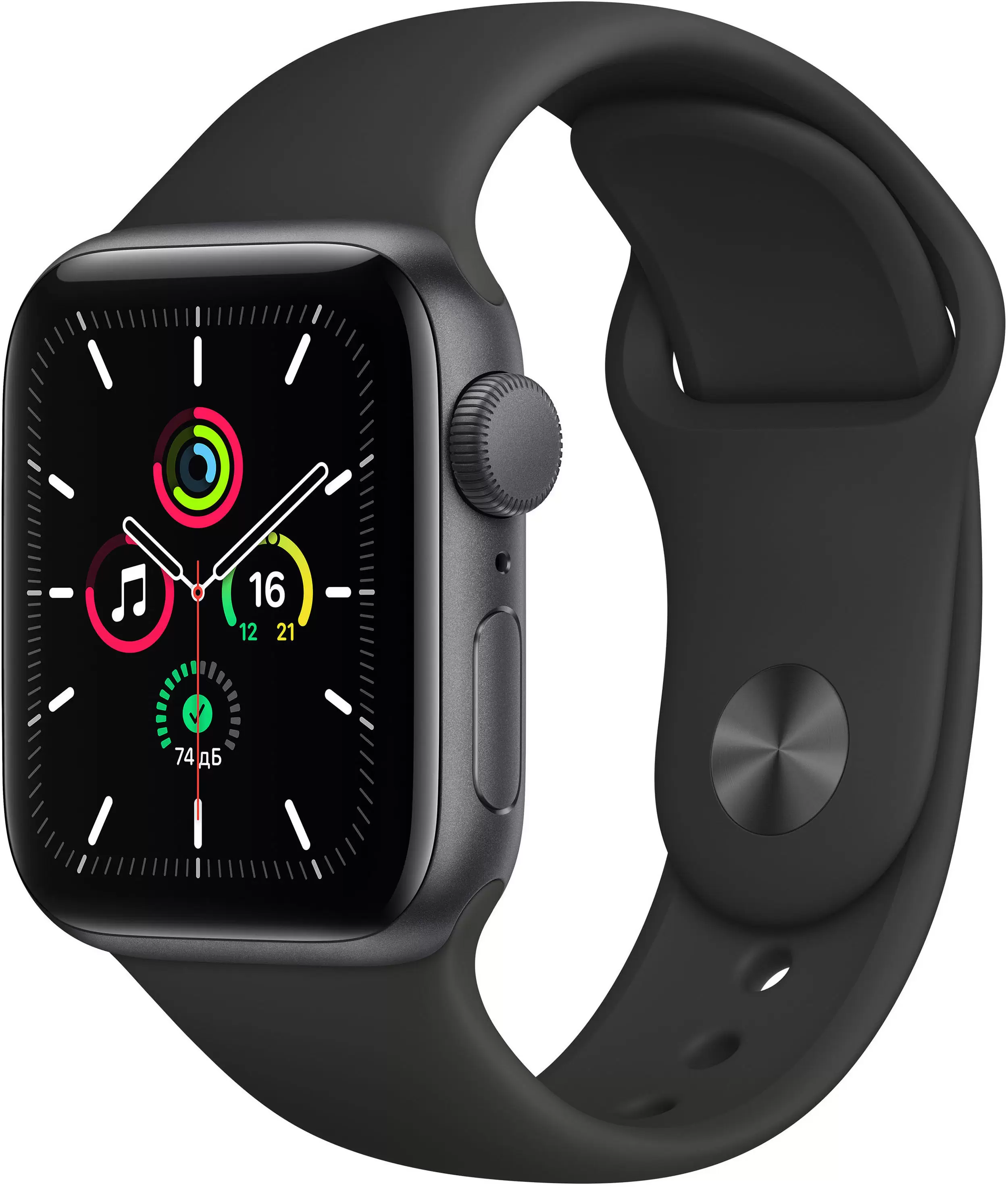 Apple Watch SE, 44 мм, корпус из алюминия цвета (серый космос), спортивный ремешок чёрного цвета в Тюмени
